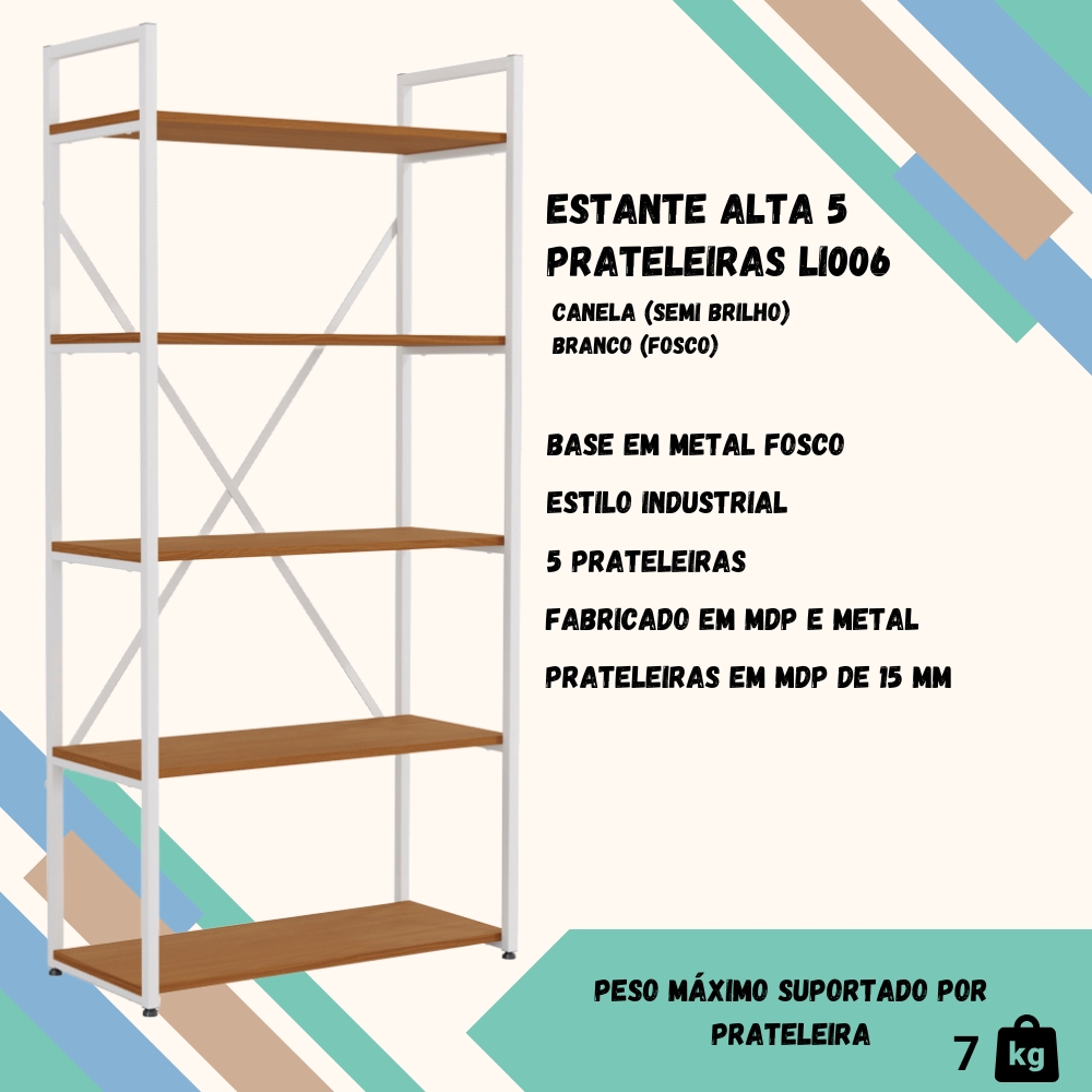 Estante Alta 5 Prateleiras 152 cm LI006 Canela Branco KPB