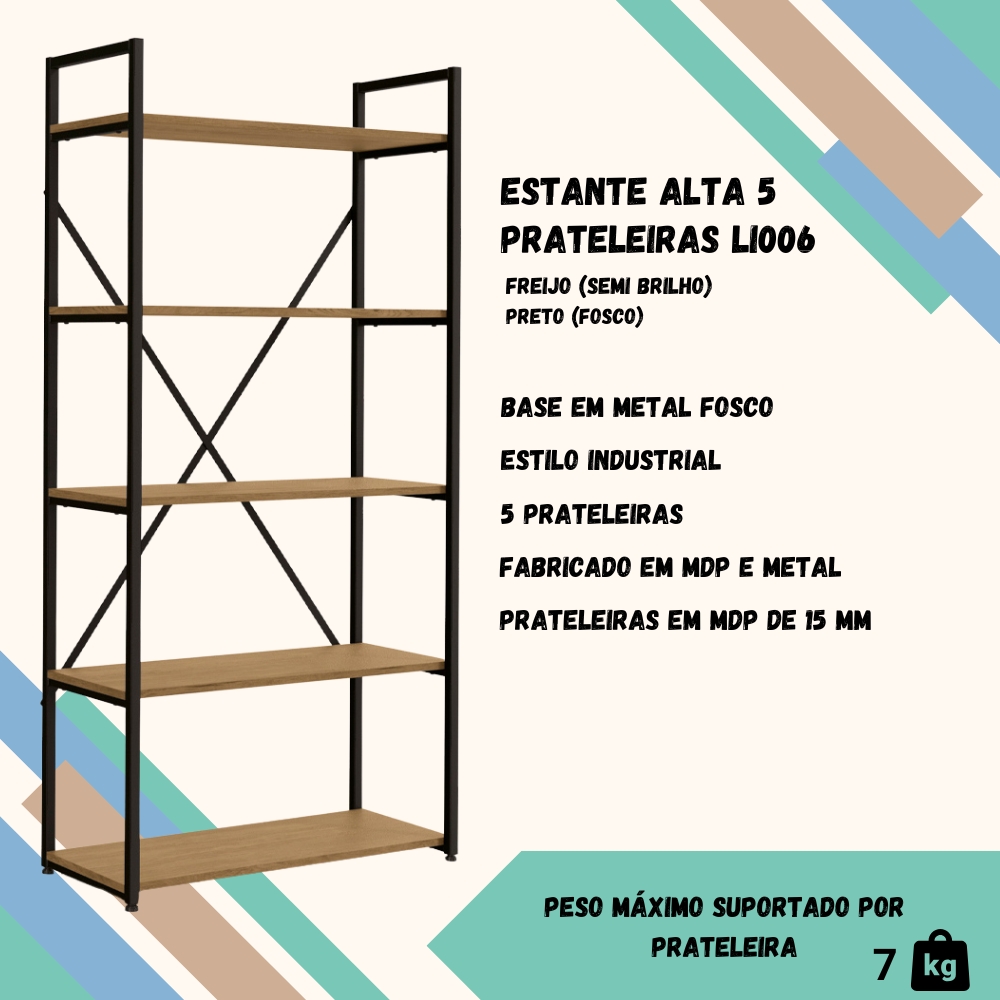 Estante Alta 5 Prateleiras 152 cm LI006 Freijo Preto Fosco KPB