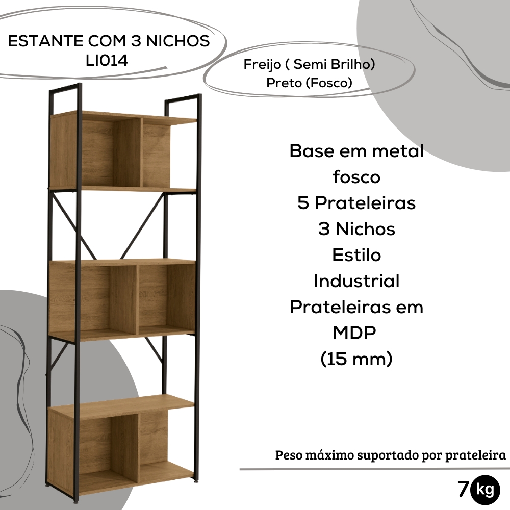Estante Alta Com 3 Nichos 202X72 cm LI014 Freijo Preto Fosco KPB