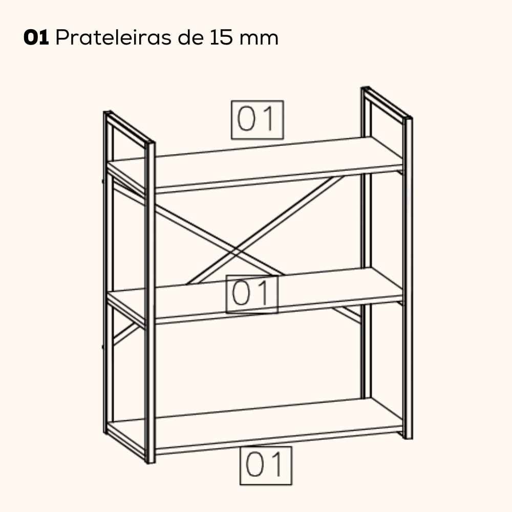 Estante Baixa 3 Prateleiras 87x72 cm LI007 Freijo Preto Fosco KPB