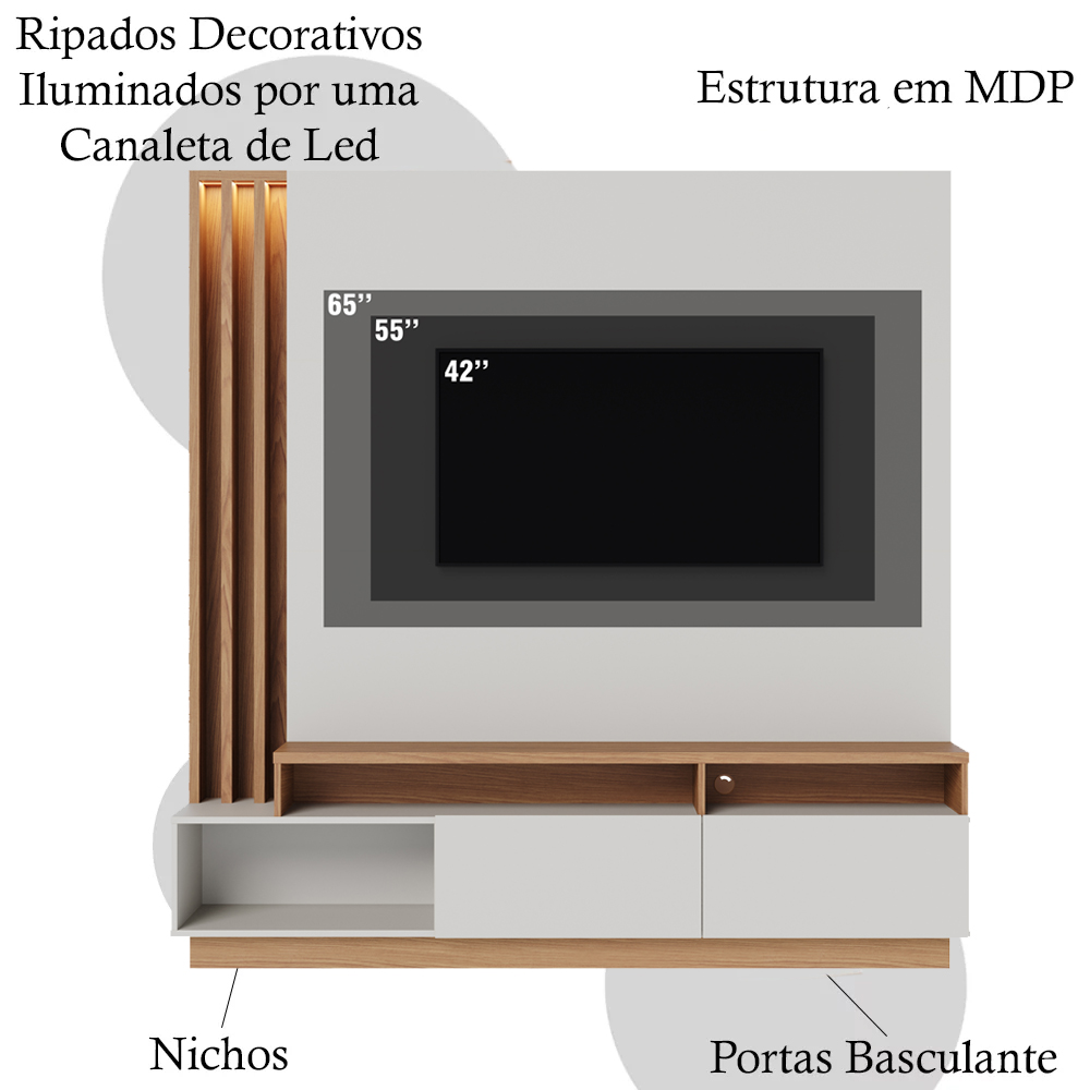 Estante Home Para TV 65 Polegadas Humaita Off White Matte Freijo CLB