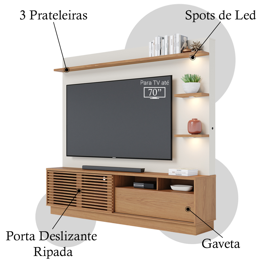 Estante Home Para TV 70 Polegadas Campeche Freijo Off White Matte CLB