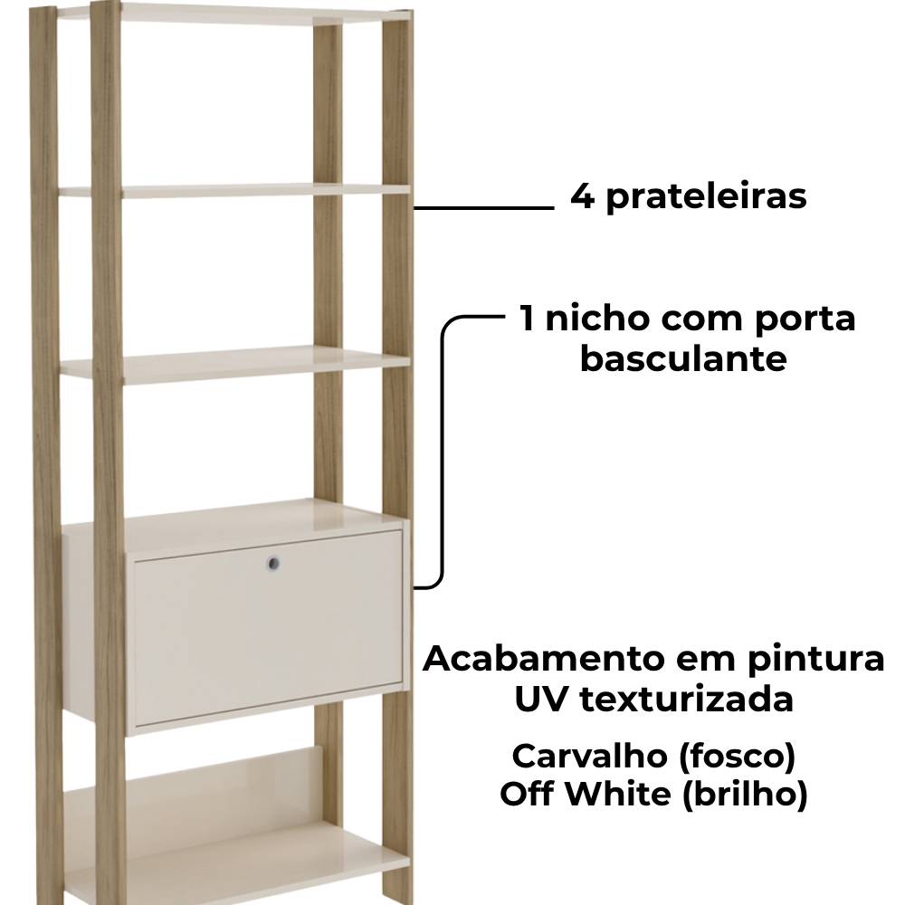 Estante Livreiro 1 Porta 166X63 cm Carvalho Off White ARLY