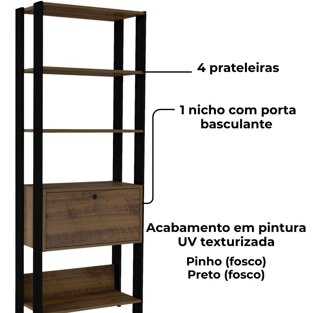 Estante Livreiro 1 Porta 166X63 cm Pinho Preto ARLY
