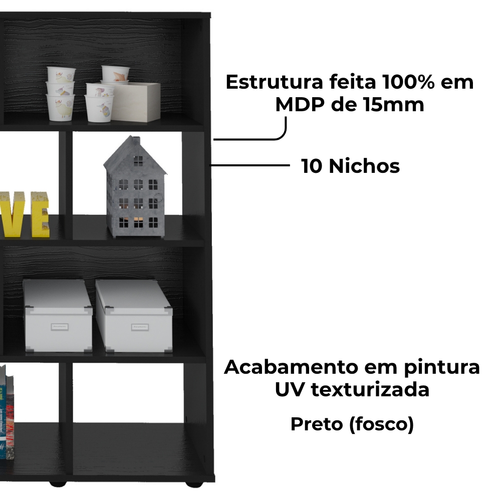 Estante Livreiro 10 Nichos 109X91 cm Preto ARLY