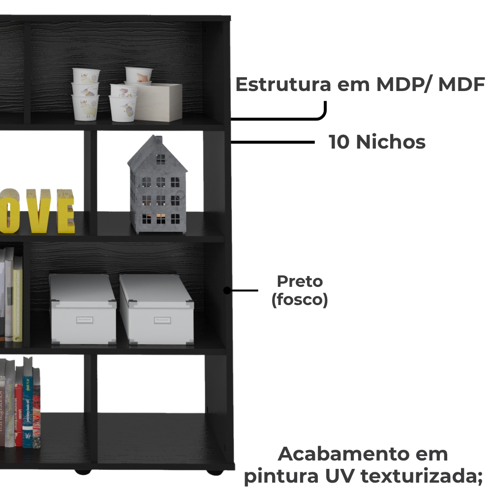 Estante Livreiro 10 Nichos 109X91 cm Preto ARLY
