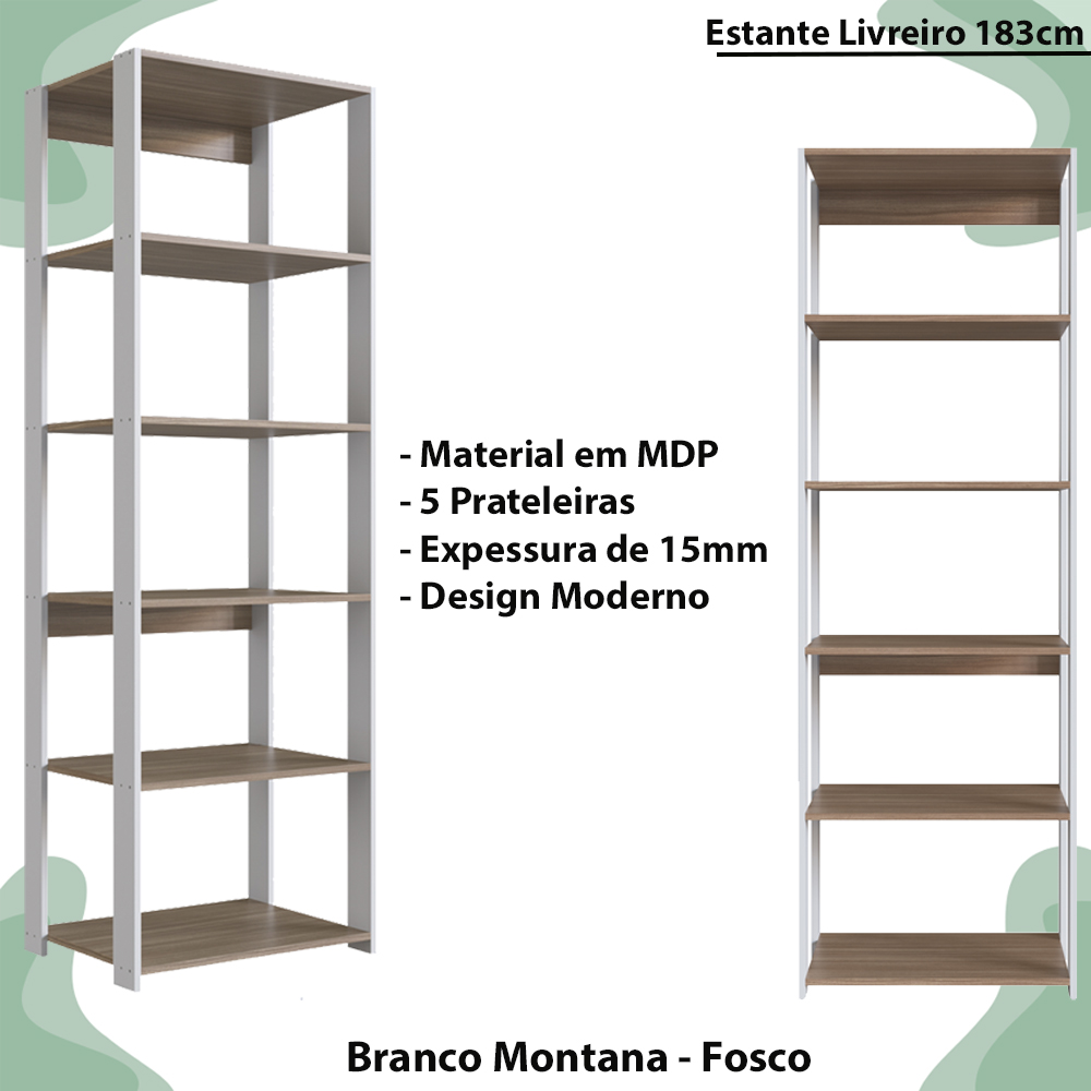 Estante Livreiro 138X60cm 05 Prateleiras Branco Montana PRODDY