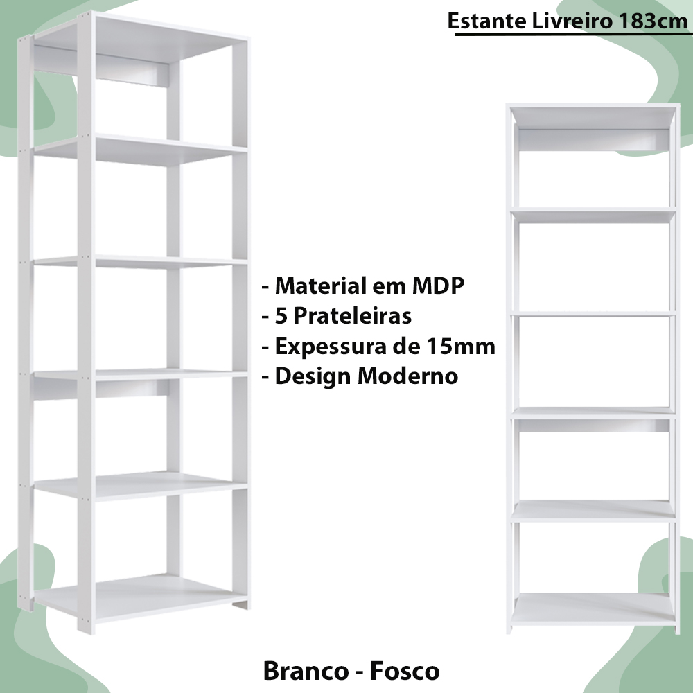 Estante Livreiro 138X60cm 05 Prateleiras Branco PRODDY
