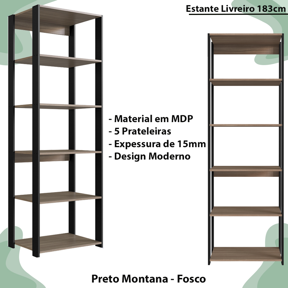 Estante Livreiro 138X60cm 05 Prateleiras Preto Montana PRODDY