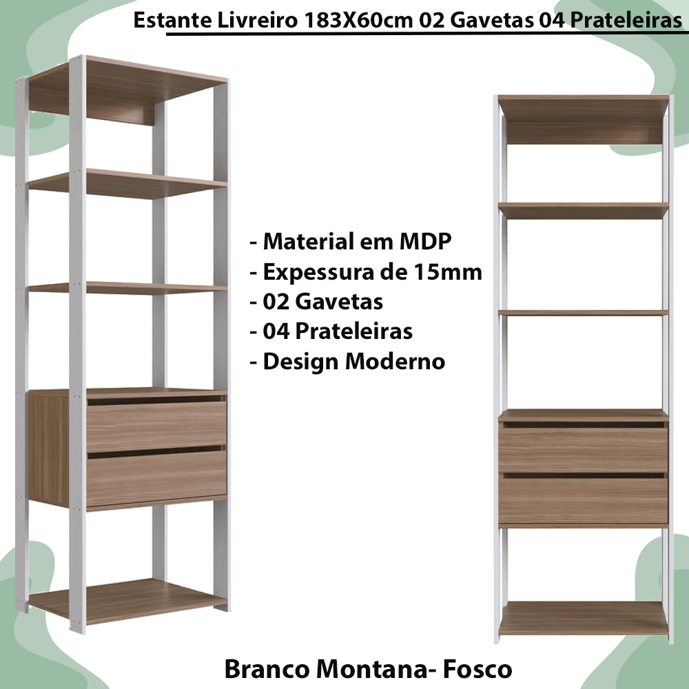 Estante Livreiro 183X60cm 02 Gavetas Branco Montana PRODDY