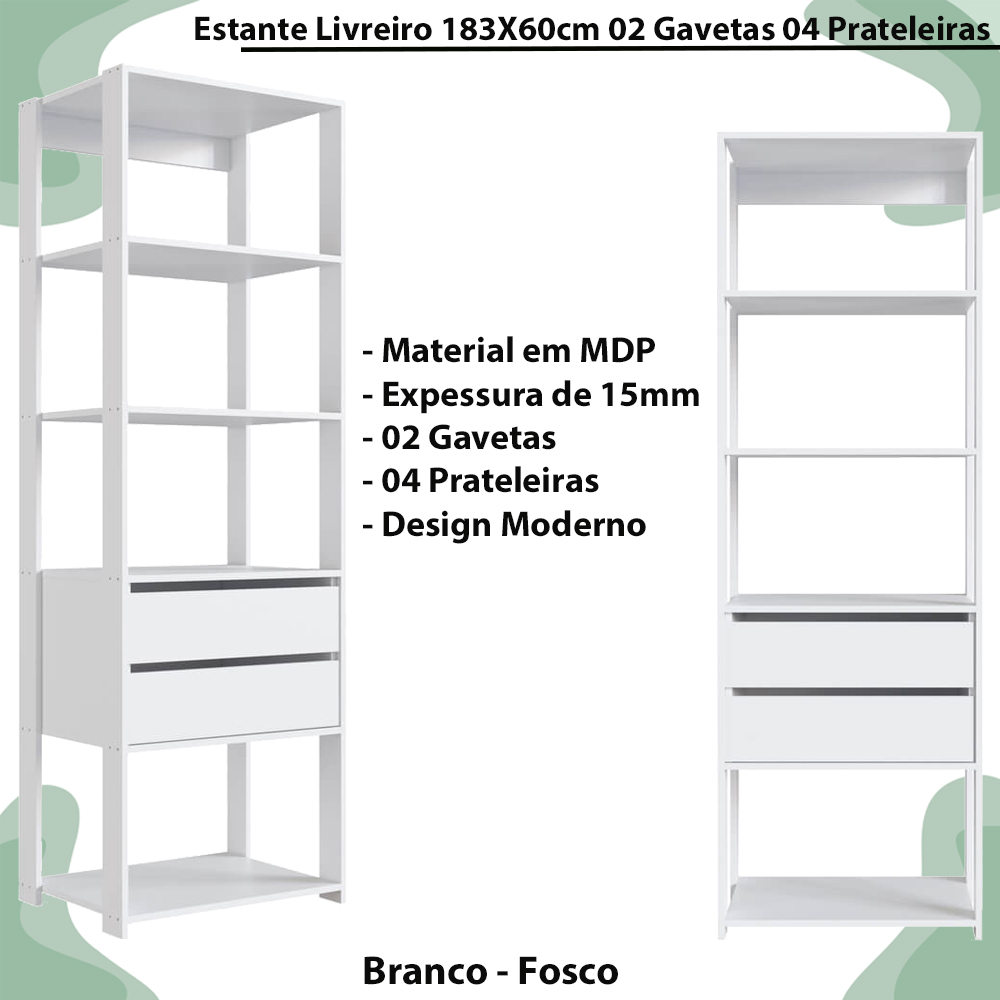Estante Livreiro 183X60cm 02 Gavetas Branco PRODDY