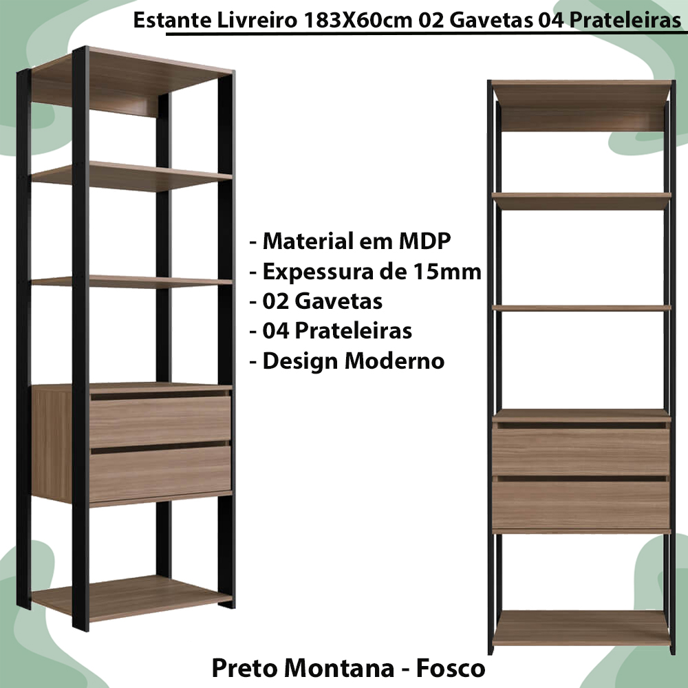Estante Livreiro 183X60cm 02 Gavetas Preto Montana PRODDY