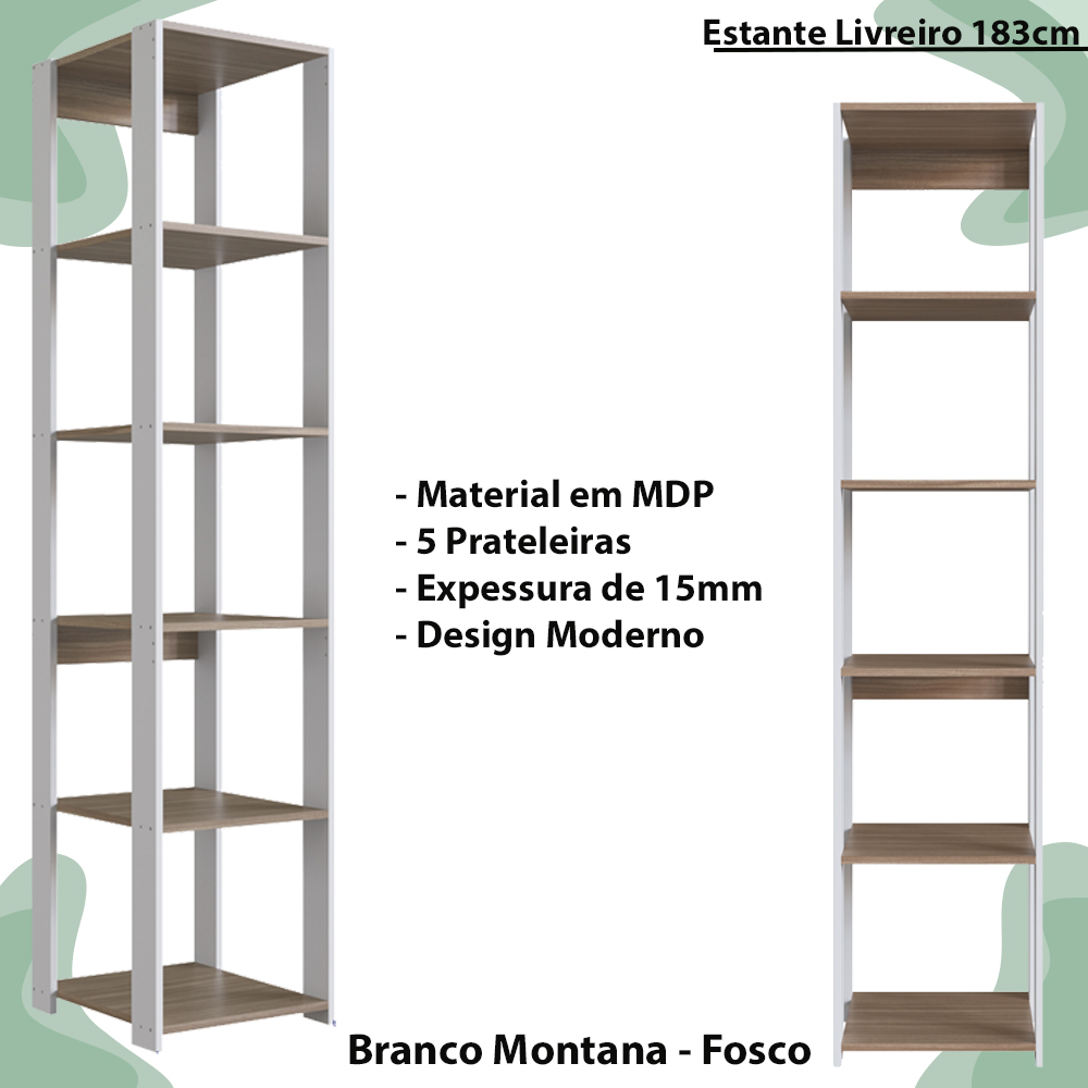 Estante Livreiro 183cm 05 Prateleiras Branco Montana PRODDY