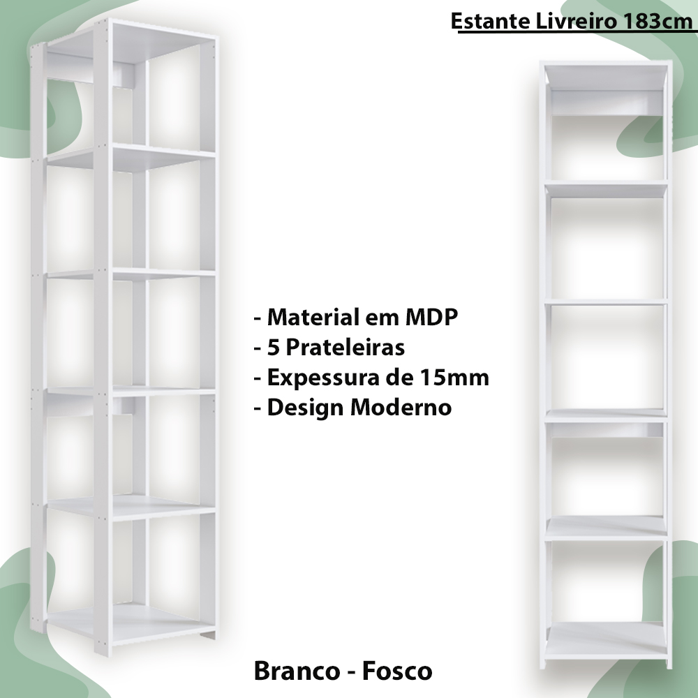 Estante Livreiro 183cm 05 Prateleiras Branco PRODDY