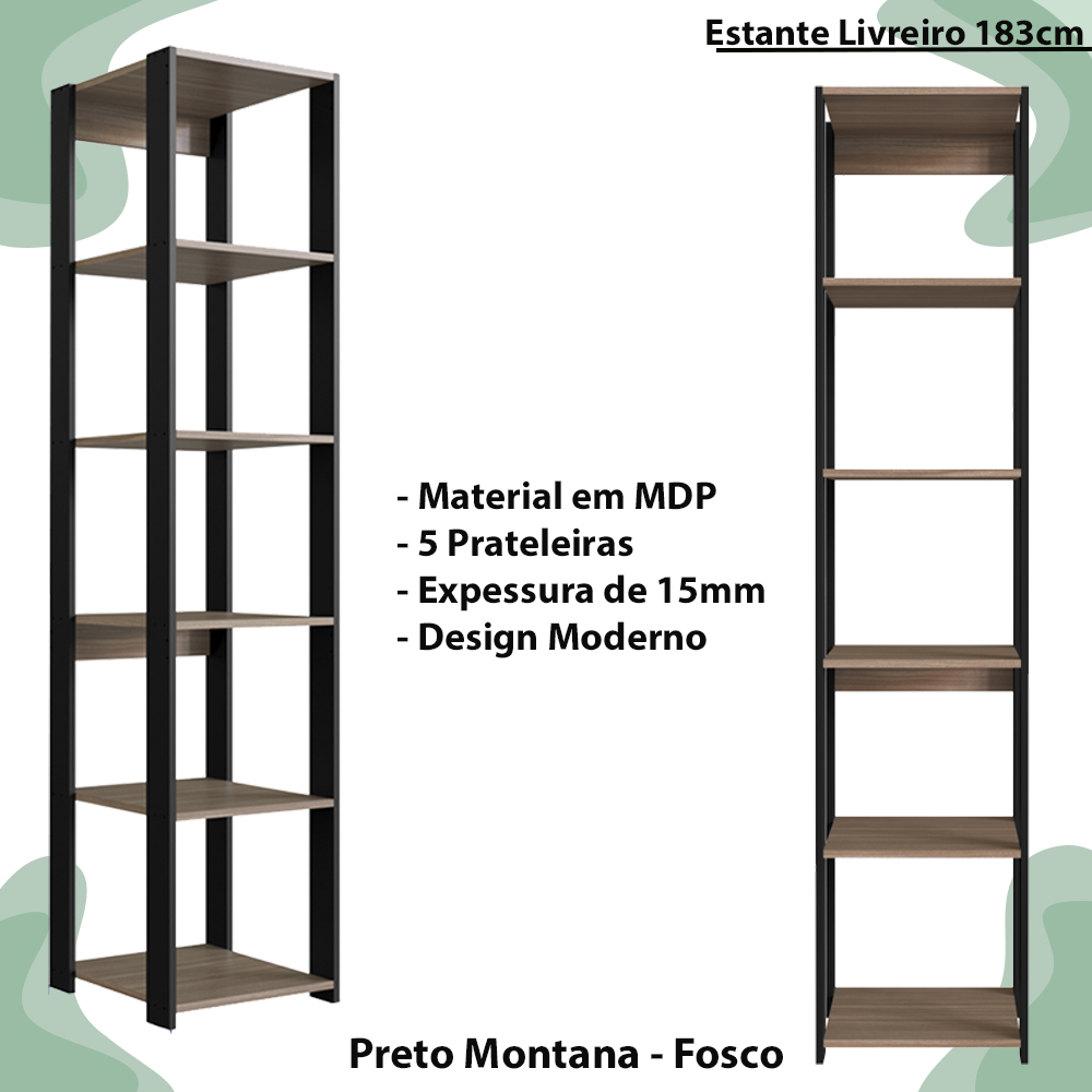 Estante Livreiro 183cm 05 Prateleiras Preto Montana PRODDY