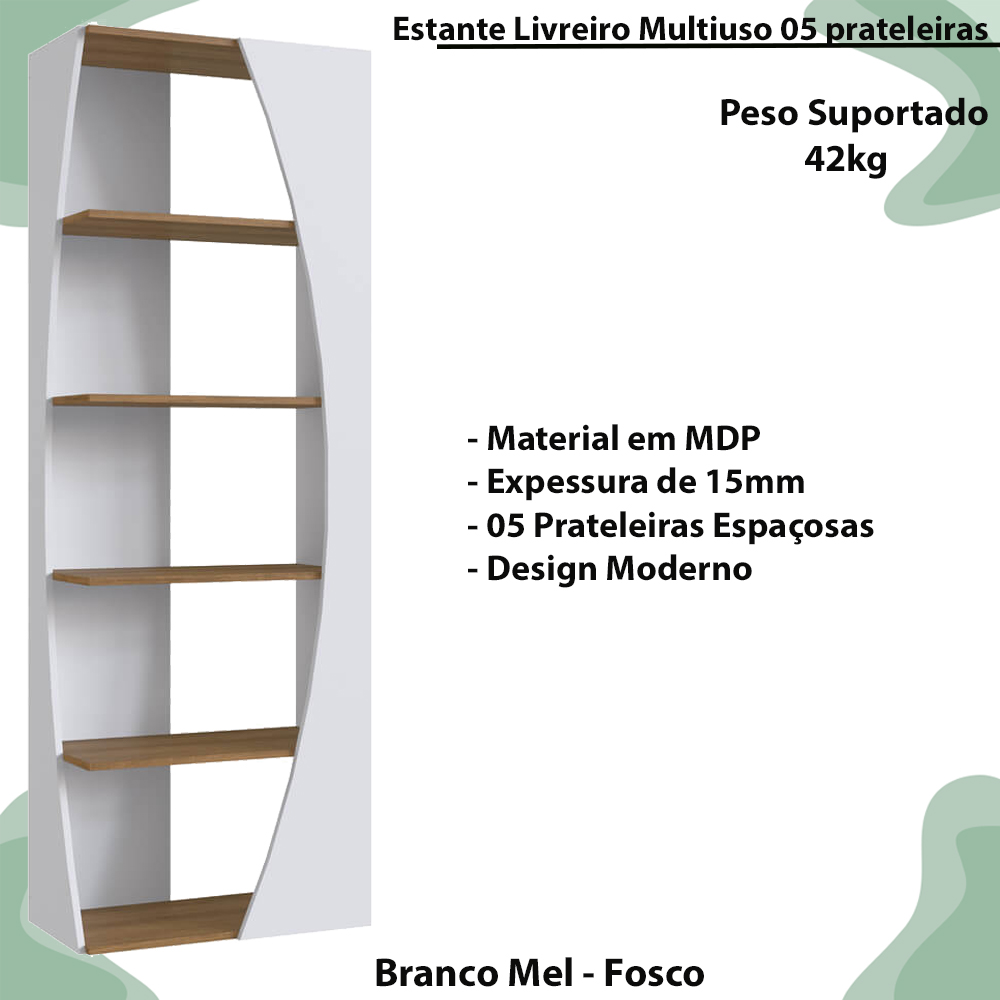 Estante Livreiro Multiuso 05 Prateleiras Branco Mel PRODDY