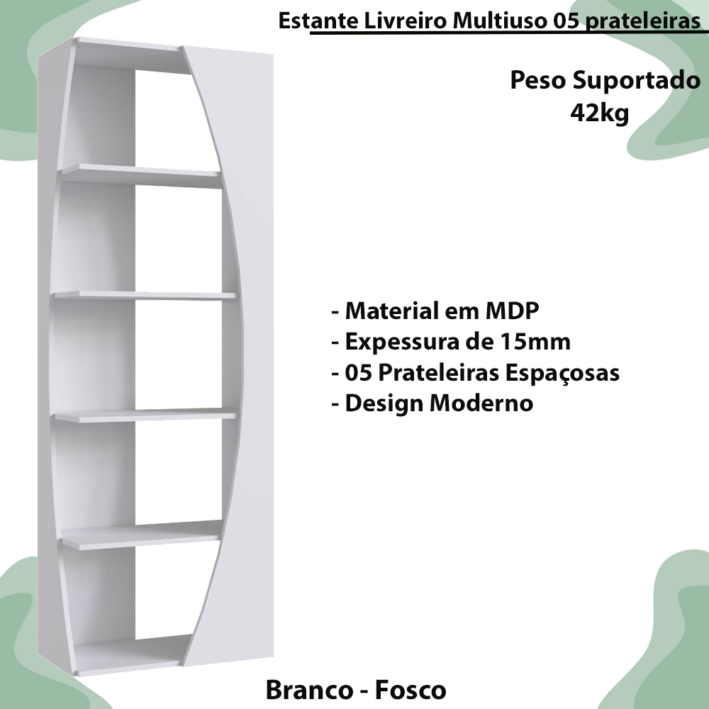 Estante Livreiro Multiuso 05 Prateleiras Branco PRODDY