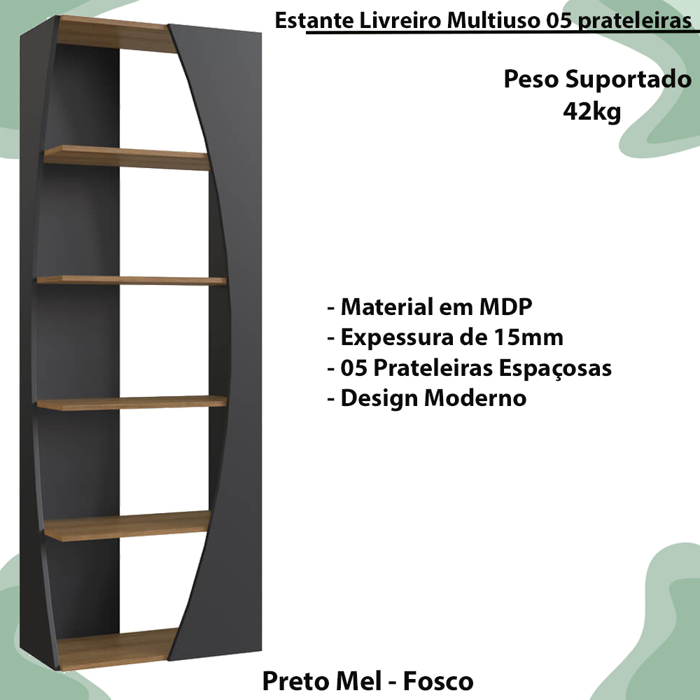 Estante Livreiro Multiuso 05 Prateleiras Preto Mel PRODDY