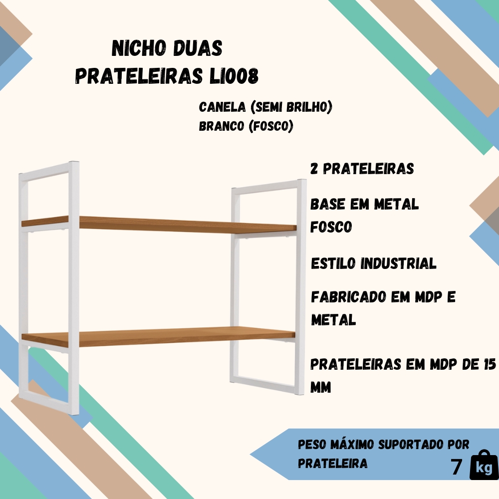 Estante Nicho 2 Prateleiras 72 cm LI008 Canela Branco KPB