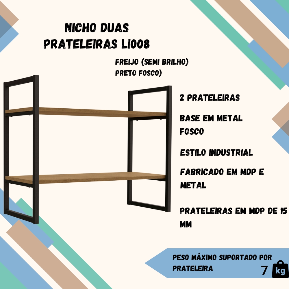 Estante Nicho 2 Prateleiras 72 cm LI008 Freijo Preto Fosco KPB