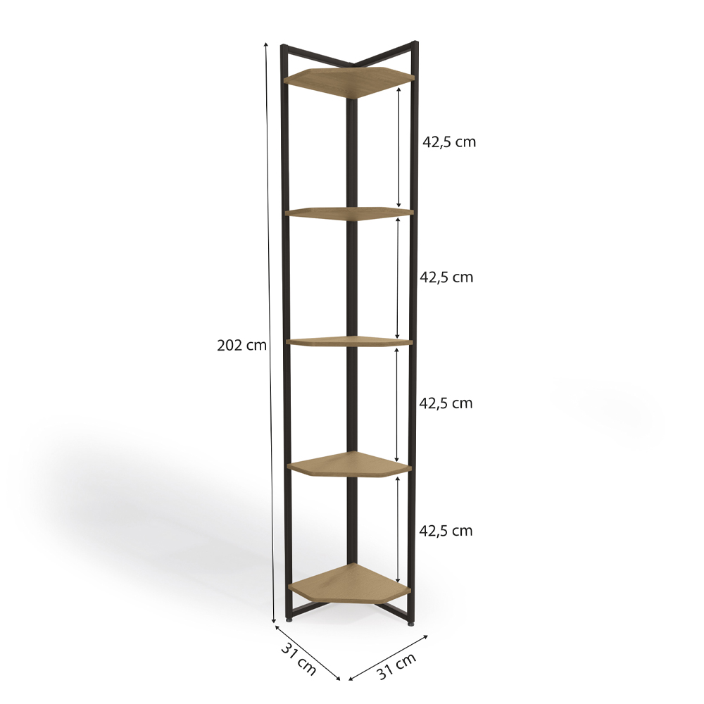 Estante de Canto 5 Prateleiras 202 cm LI022 Freijo Preto Fosco KPB