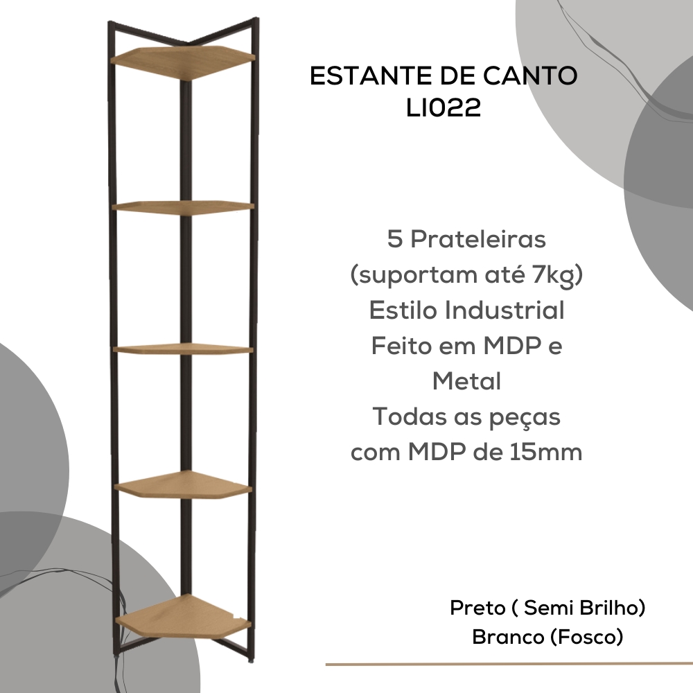 Estante de Canto 5 Prateleiras 202 cm LI022 Freijo Preto Fosco KPB