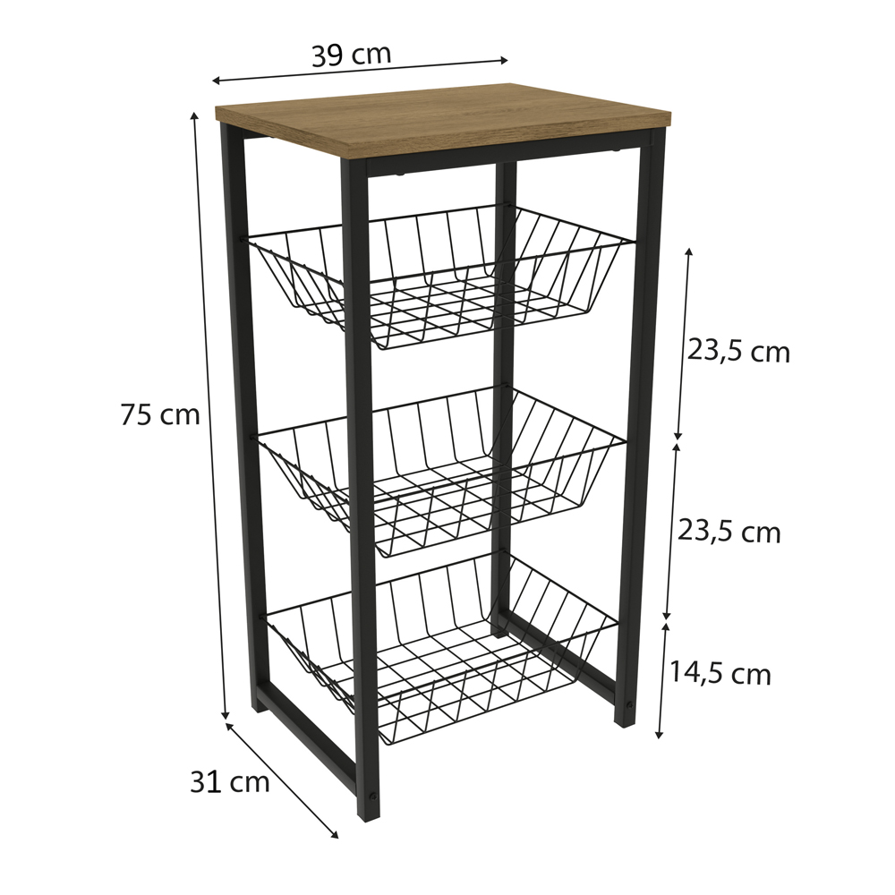 Fruteira De Chão 3 Cestos 75 cm LI035 Freijo Preto Fosco KPB