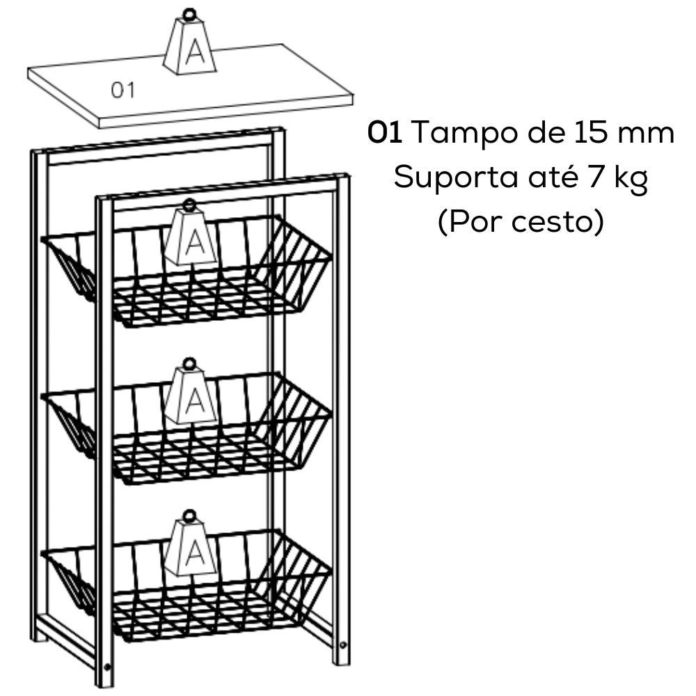 Fruteira De Chão 3 Cestos 75 cm LI035 Freijo Preto Fosco KPB