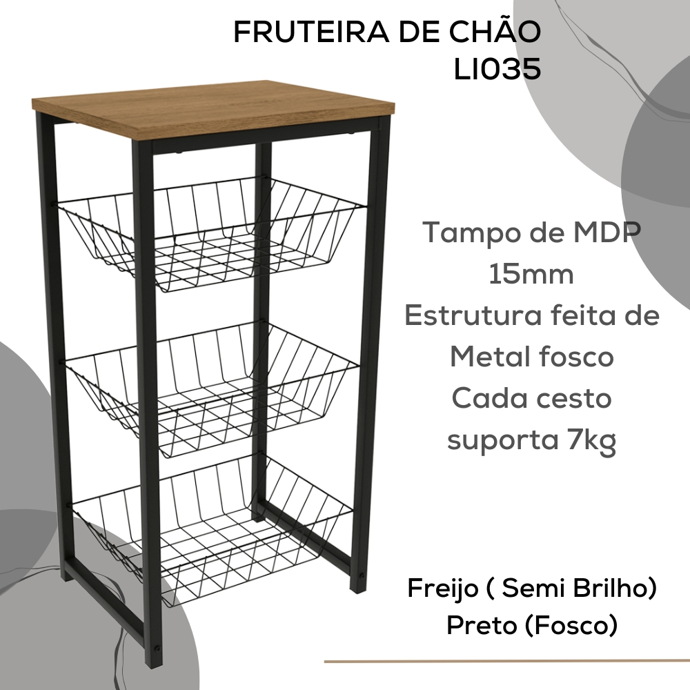 Fruteira De Chão 3 Cestos 75 cm LI035 Freijo Preto Fosco KPB