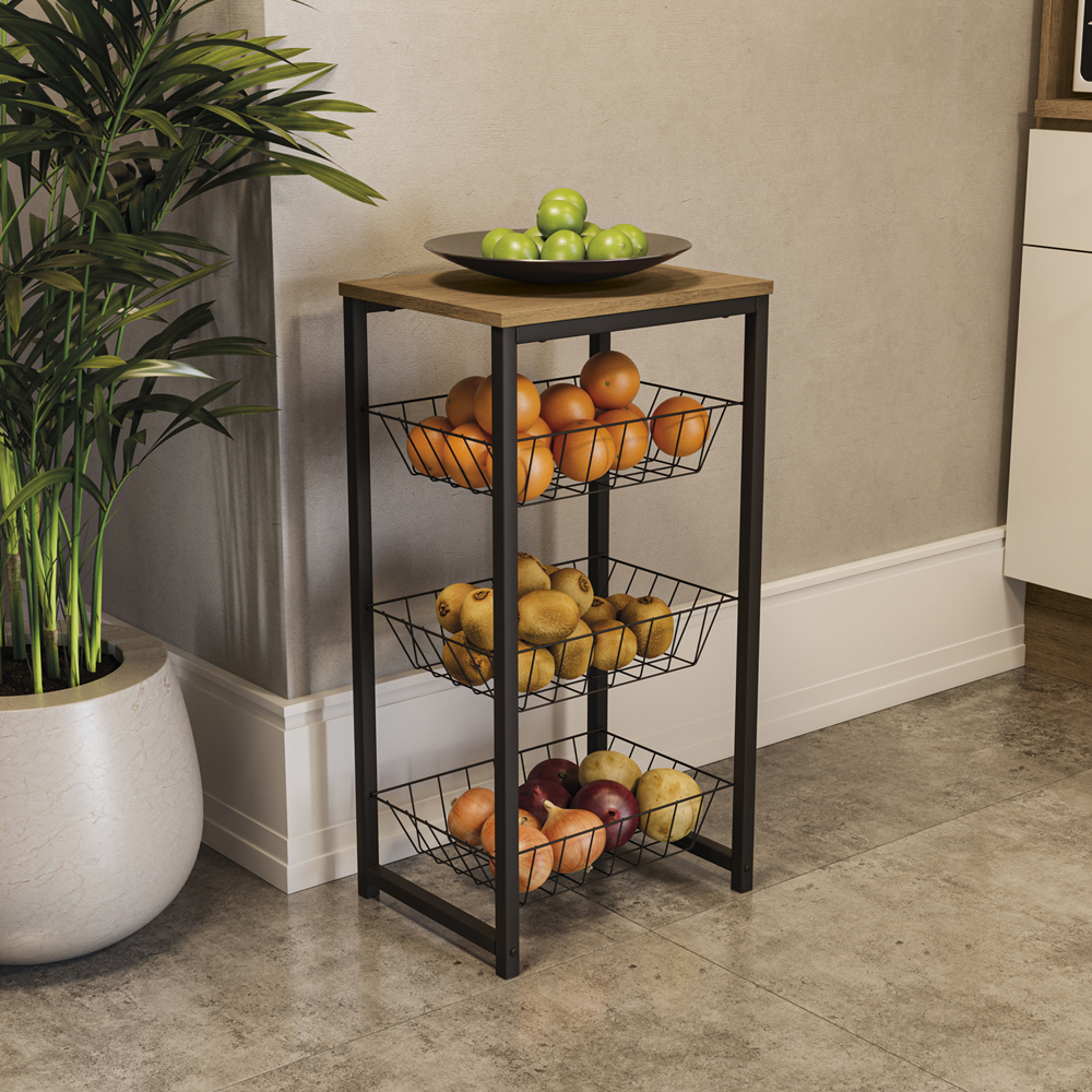 Fruteira De Chão 3 Cestos 75 cm LI035 Freijo Preto Fosco KPB