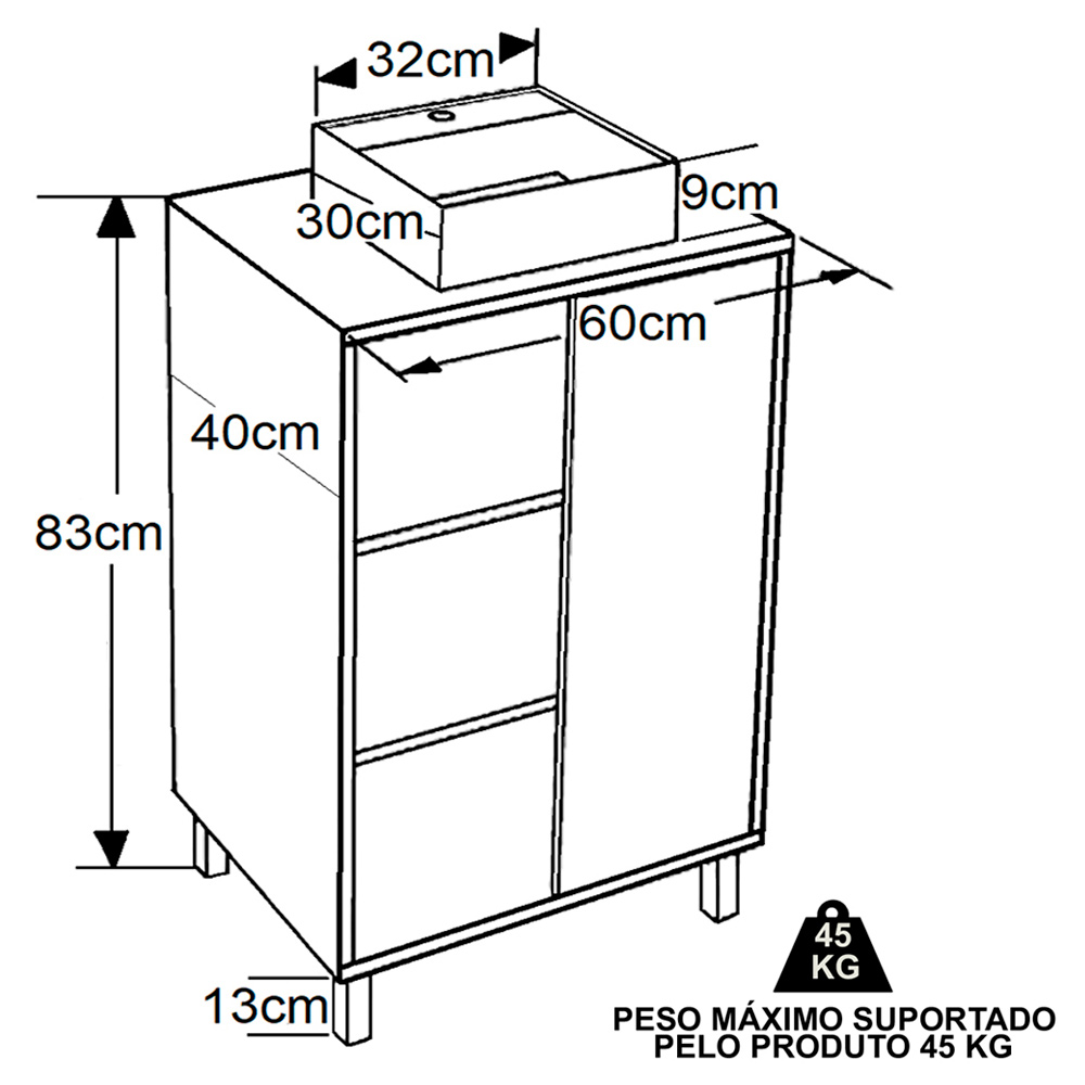 Gabinete 1 Porta Correr 60 cm Cuba Branca BL7250 Grafite FAEM