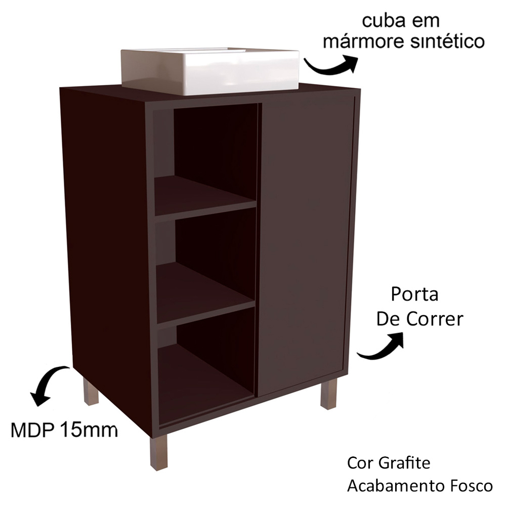 Gabinete 1 Porta Correr 60 cm Cuba Branca BL7250 Grafite FAEM