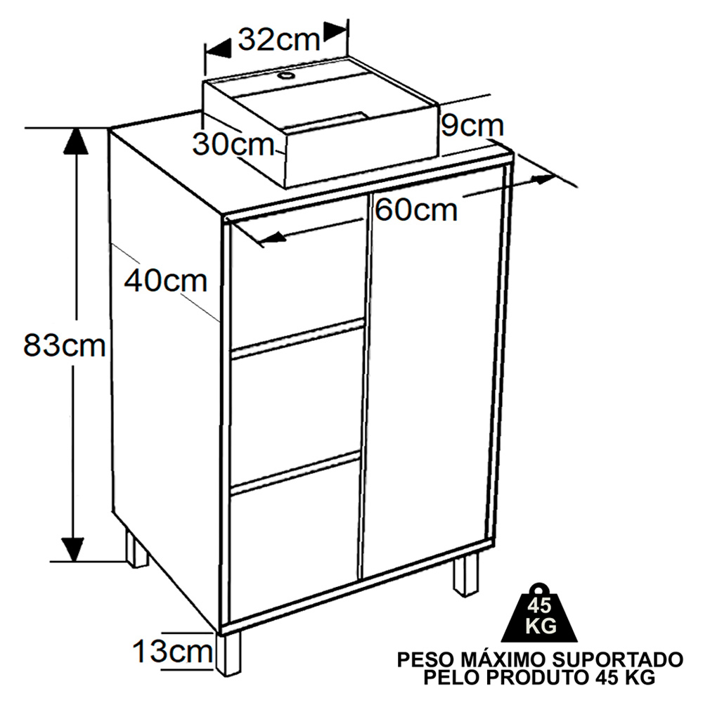 Gabinete 1 Porta Correr 60 cm Cuba Preta BL7250 Grafite FAEM