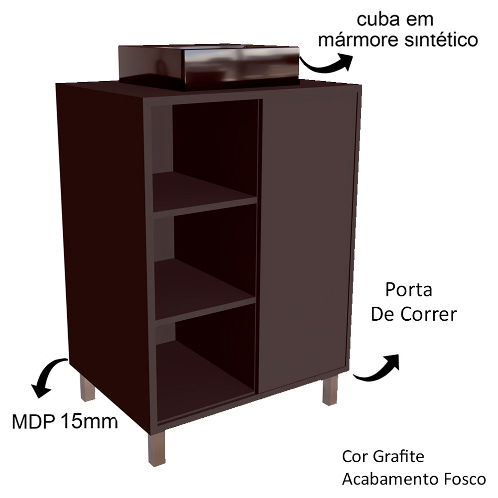 Gabinete 1 Porta Correr 60 cm Cuba Preta BL7250 Grafite FAEM