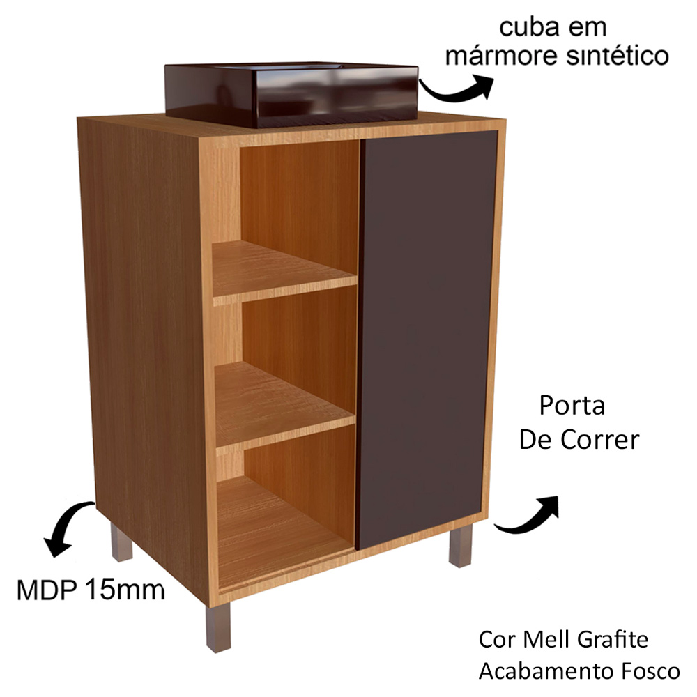 Gabinete 1 Porta Correr 60 cm Cuba Preta BL7250 Mell Grafite FAEM