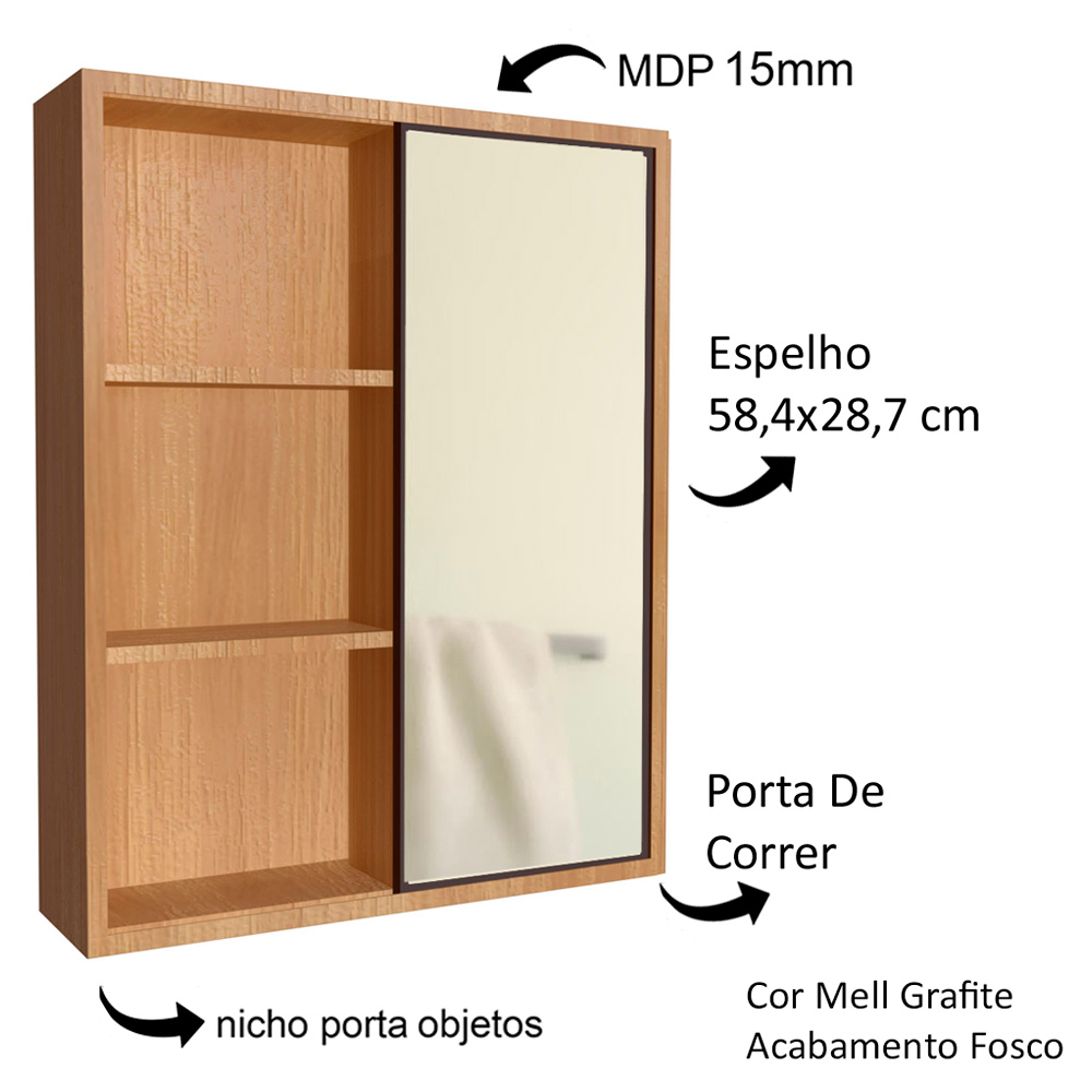 Gabinete 1 Porta Correr 60 cm Espelheira CJ7250 Mell Grafite FAEM