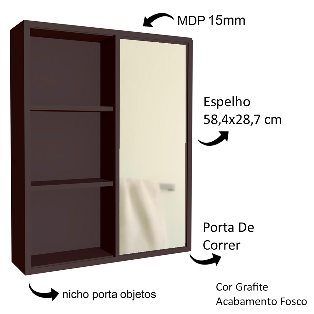 Gabinete 60 cm Espelheira e Cuba Branca CJ7250 Grafite FAEM