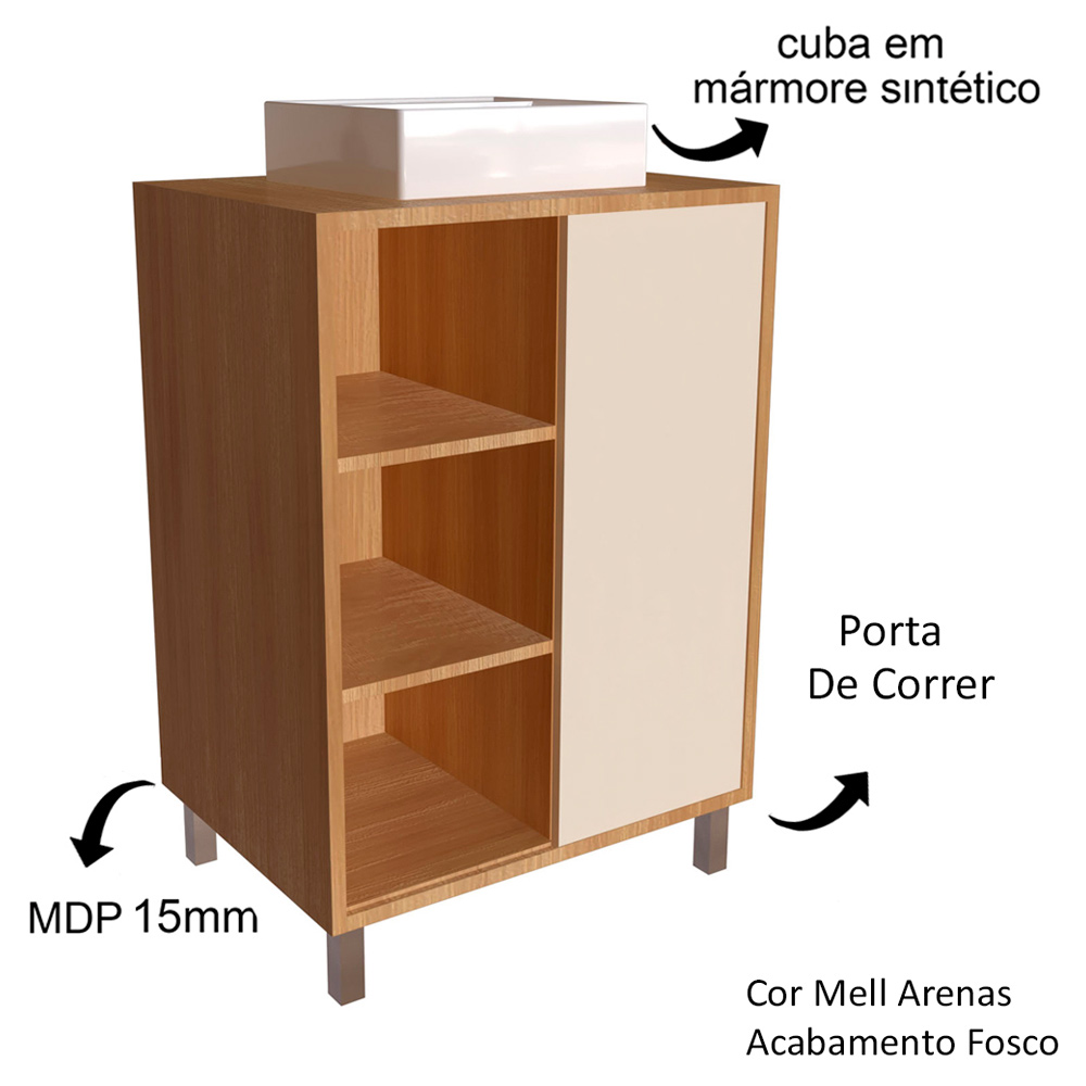 Gabinete 60 cm Espelheira e Cuba Branca CJ7250 Mell Arenas FAEM