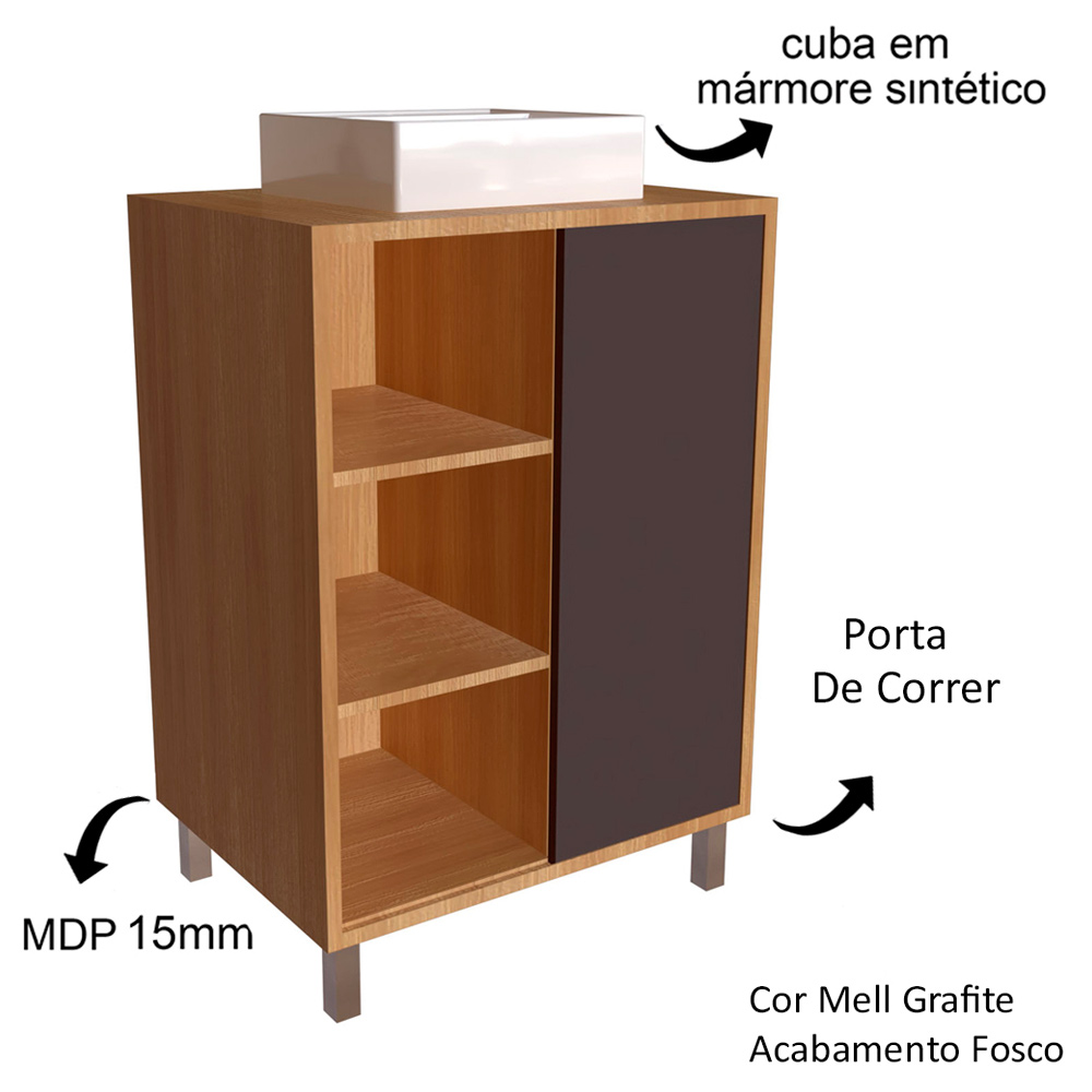 Gabinete 60 cm Espelheira e Cuba Branca CJ7250 Mell Grafite FAEM
