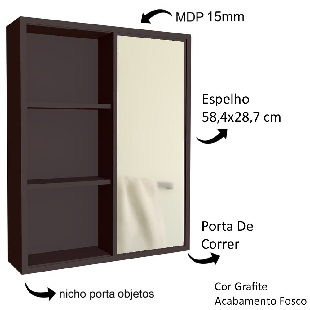 Gabinete 60 cm Espelheira e Cuba Preta CJ7250 Grafite FAEM