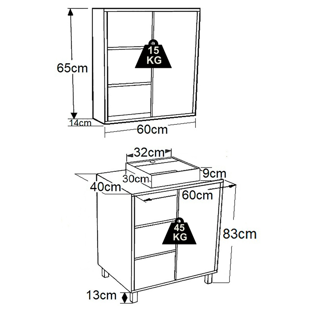 Gabinete 60 cm Espelheira e Cuba Preta CJ7250 Mell Arenas FAEM