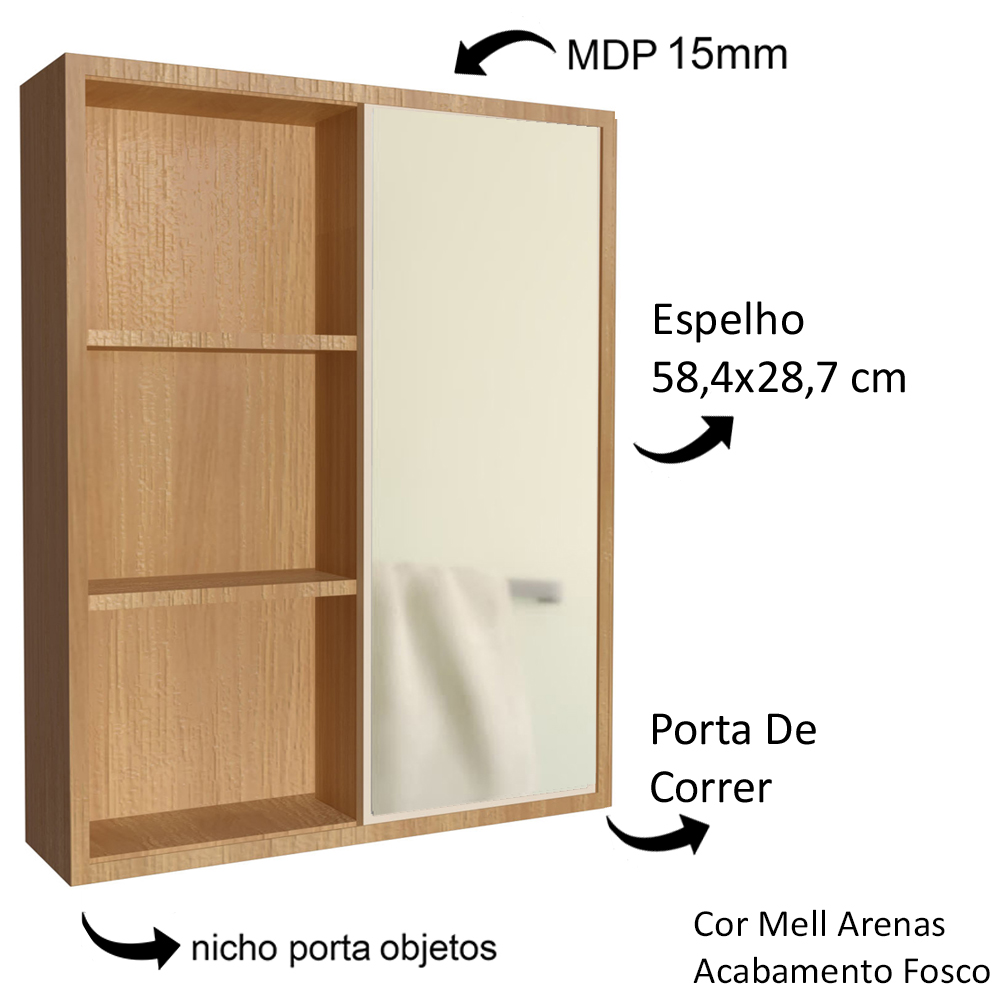 Gabinete 60 cm Espelheira e Cuba Preta CJ7250 Mell Arenas FAEM