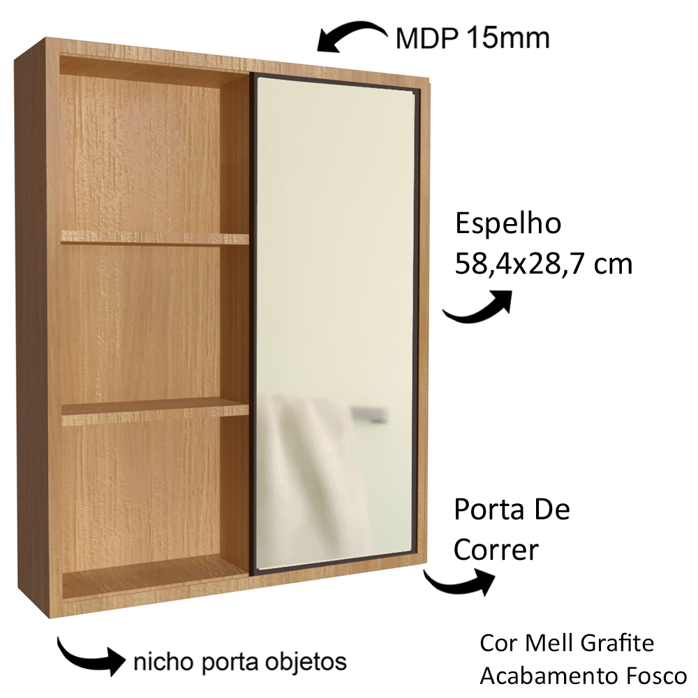 Gabinete 60 cm Espelheira e Cuba Preta CJ7250 Mell Grafite FAEM