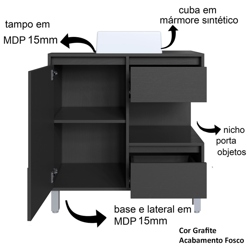 Gabinete 80 cm Espelheira e Cuba Branca CJ2001 Grafite FAEM