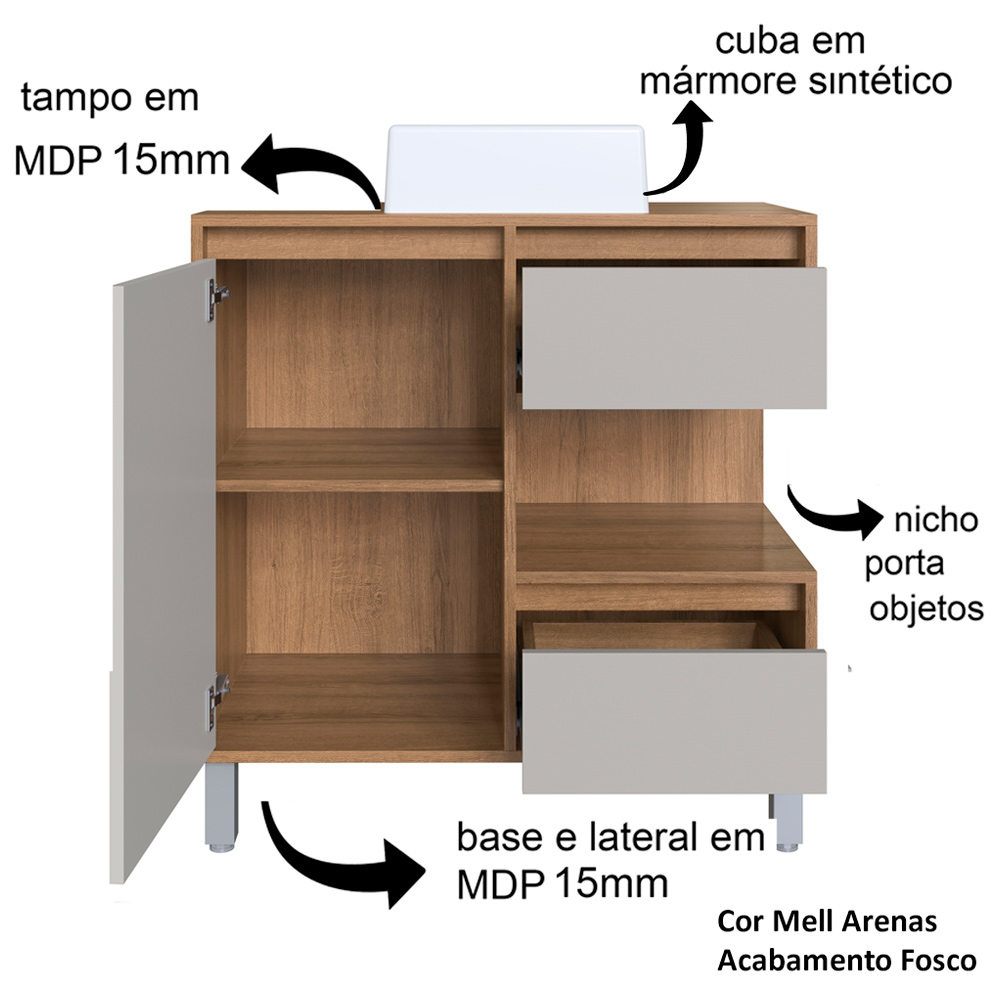 Gabinete 80 cm Espelheira e Cuba Branca CJ2001 Mell Arenas FAEM