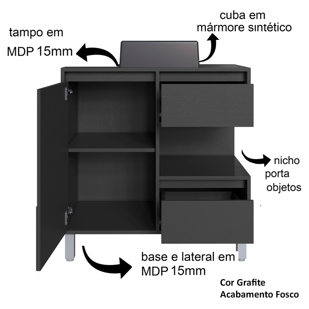 Gabinete 80 cm Espelheira e Cuba Preta CJ2001 Grafite FAEM