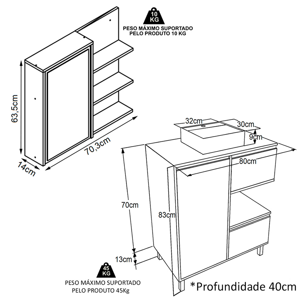 Gabinete 80 cm Espelheira e Cuba Preta CJ2001 Mell Arenas FAEM