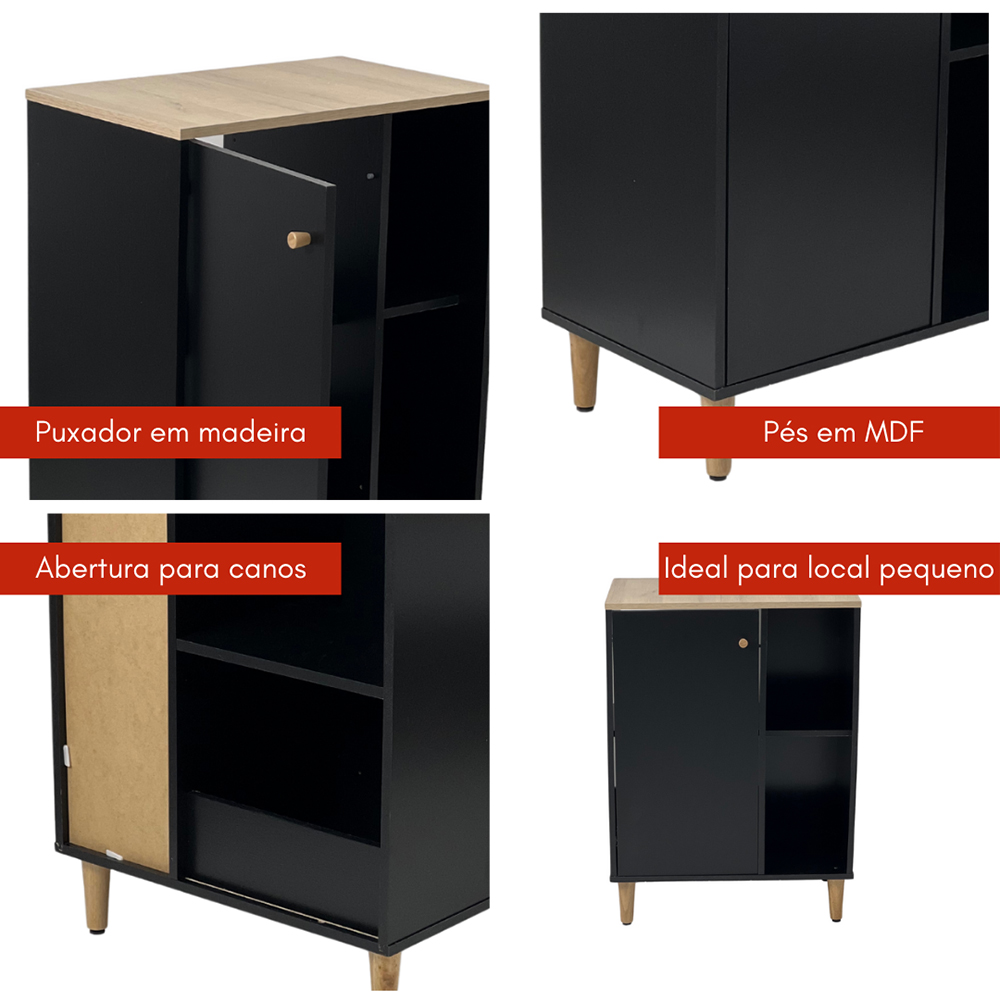 Gabinete Banheiro 1 Porta 2 Prateleiras 60 cm BN06 Preto Dtall