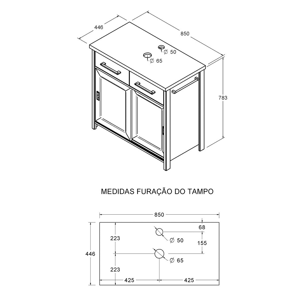 Gabinete Banheiro Com Tampo 2 Pt 2 Gv 85 cm BN04 Branco Dtall