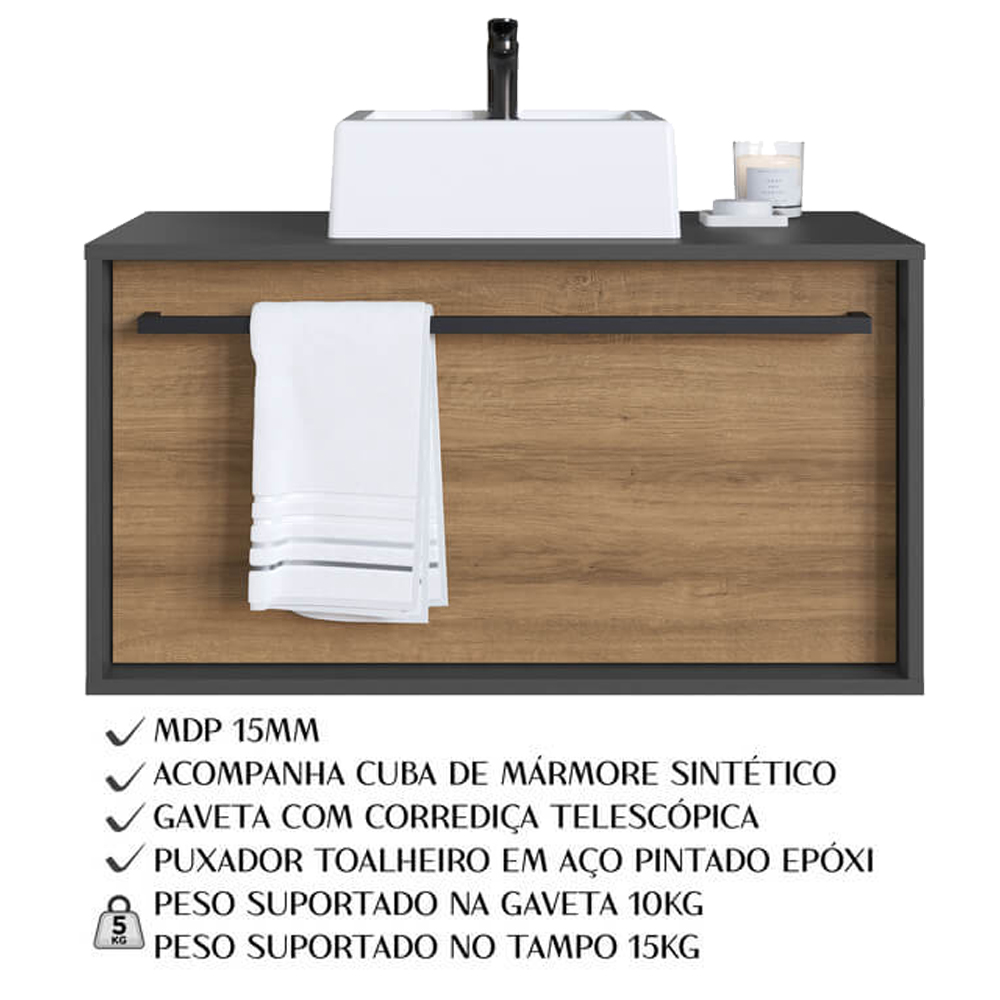 Gabinete De Banheiro Com Cuba 01 Gaveta 80cm Mel Grafite PRODDY